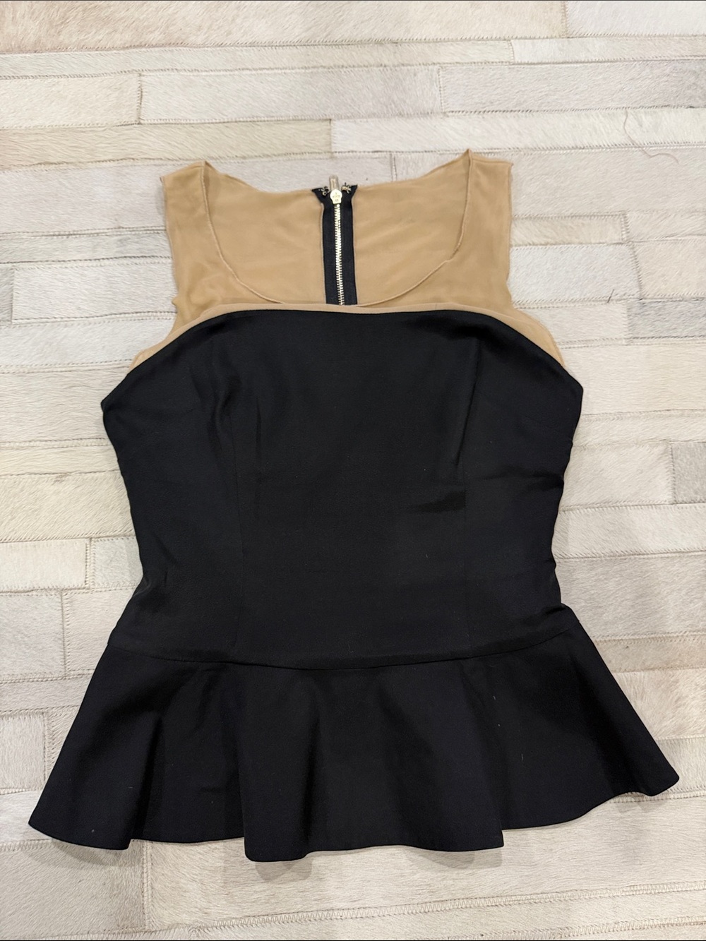 Guess by Marciano Black and Tan Peplum Sleeveless Top